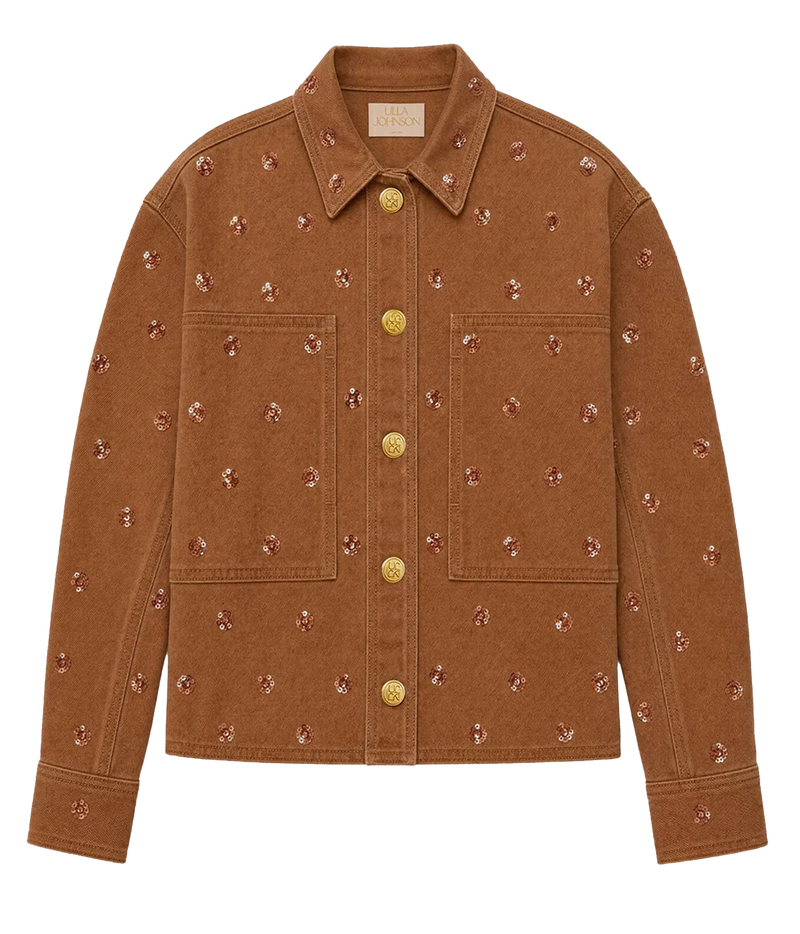 Ulla Johnson The Bobbi Embellished Denim Jacket in Umber front product view