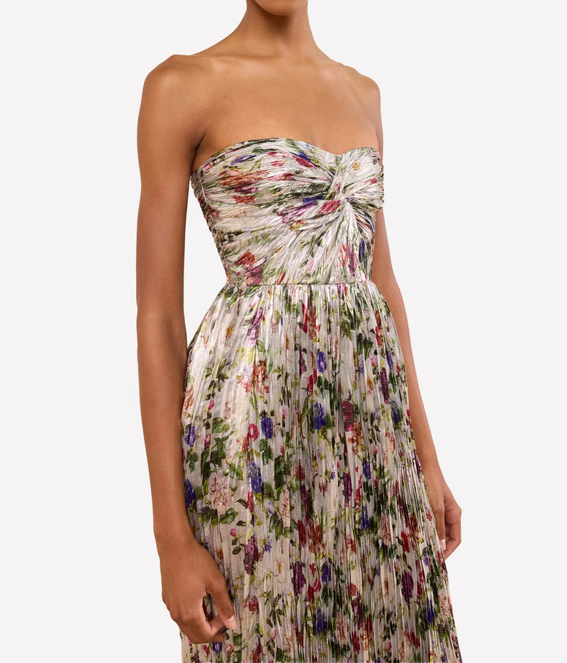 Close-up of Ulla Johnson Adelaide Strapless Pleated Dress in Sterling Floral bodice and pleating