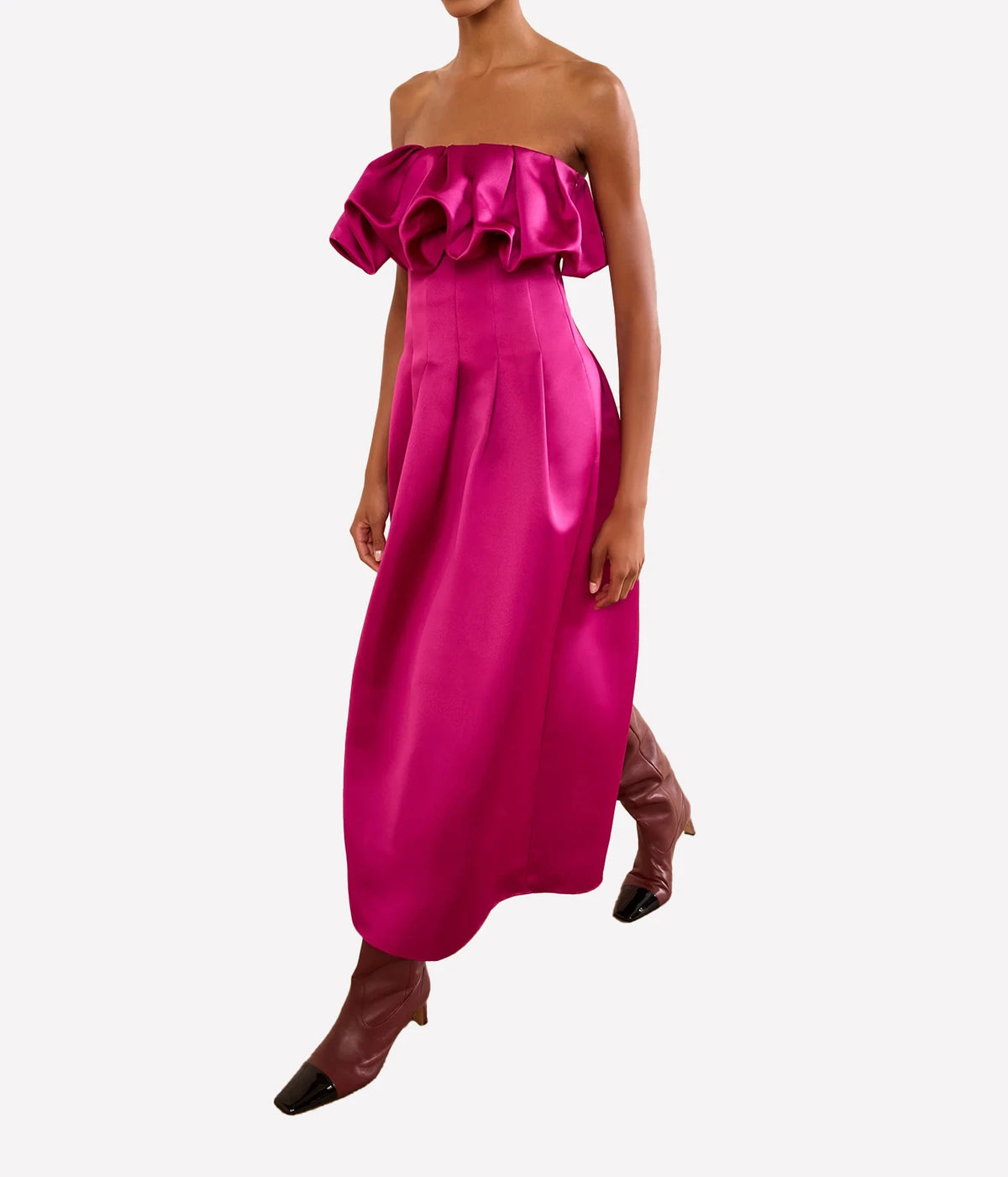Model wearing Ulla Johnson Cosima Strapless Satin Dress in Orchid, three-quarter front view