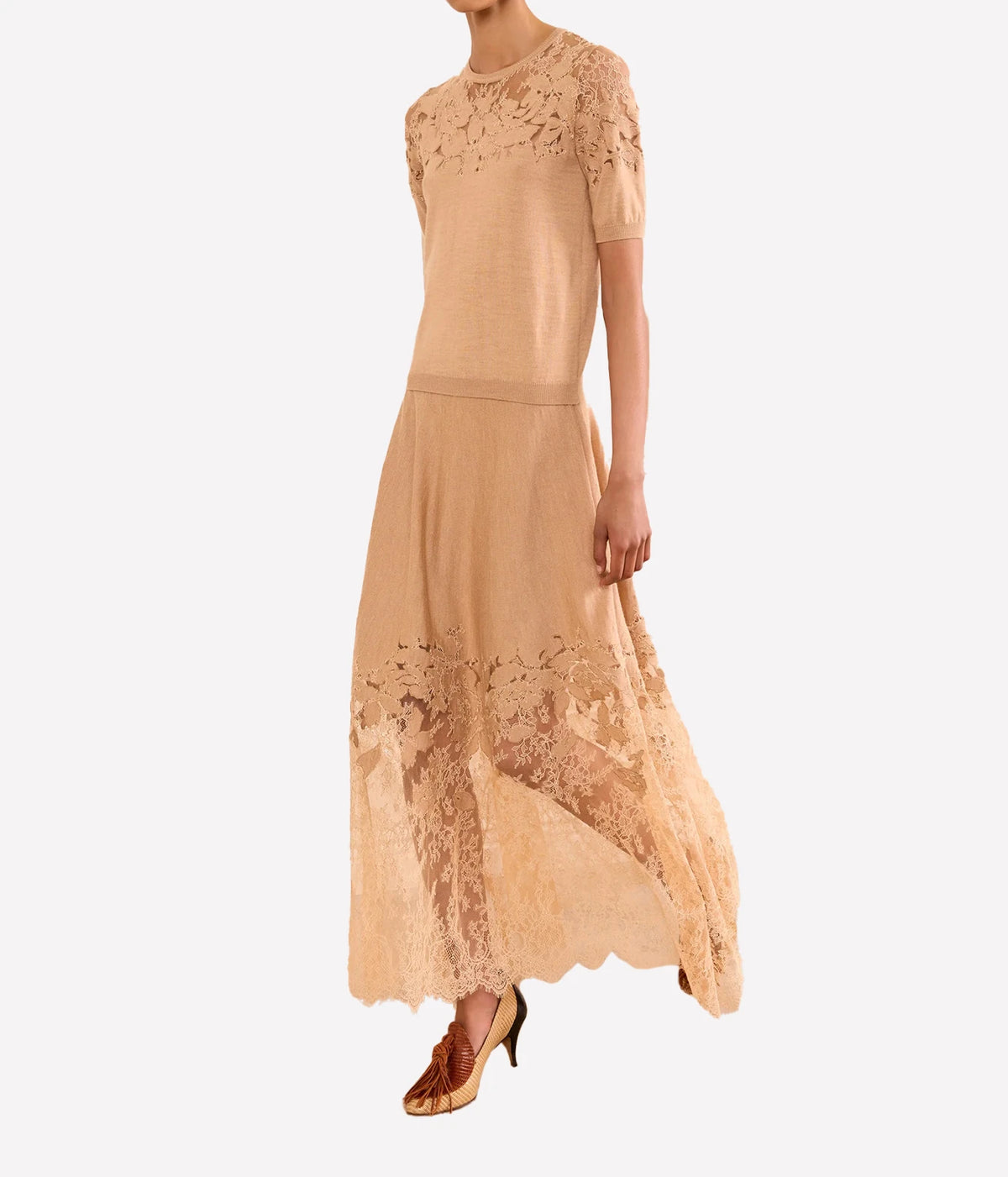 Model wearing Ulla Johnson Ella Short Sleeve Lace Top in Almond styled with a matching skirt