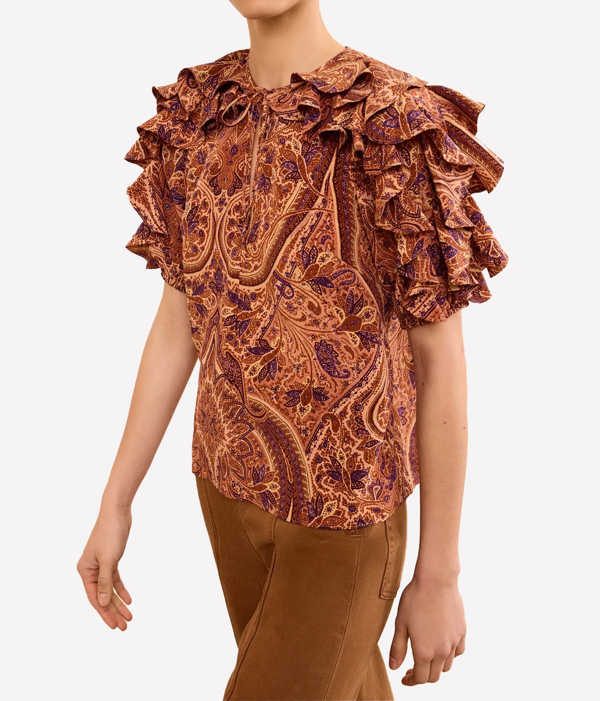 Model wearing Ulla Johnson Josephine Short Sleeve Silk Top in Rosette, three-quarter view