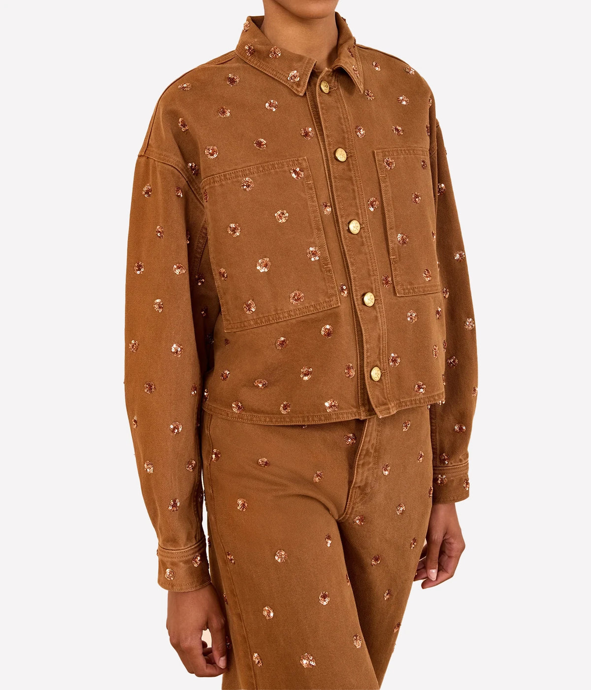 Model wearing Ulla Johnson The Bobbi Embellished Denim Jacket in Umber, front view