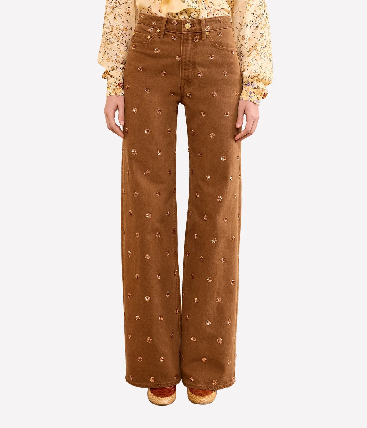 Model wearing Ulla Johnson The Willow Embellished Wide Leg Jean in Umber, back view
