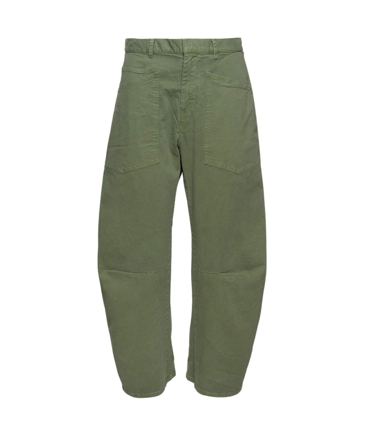ALT Text: Shon Pant in Camo Green with a curved oversized silhouette and topstitched front patch pockets for a utilitarian look.