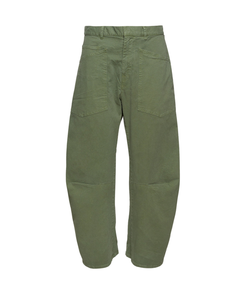 ALT Text: Shon Pant in Camo Green with a curved oversized silhouette and topstitched front patch pockets for a utilitarian look.