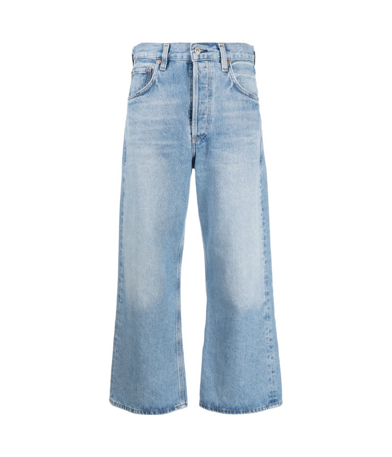 ALT Text: Vintage-inspired wide-leg jeans with a cropped hem and high-waisted fit, crafted from regenerative cotton.