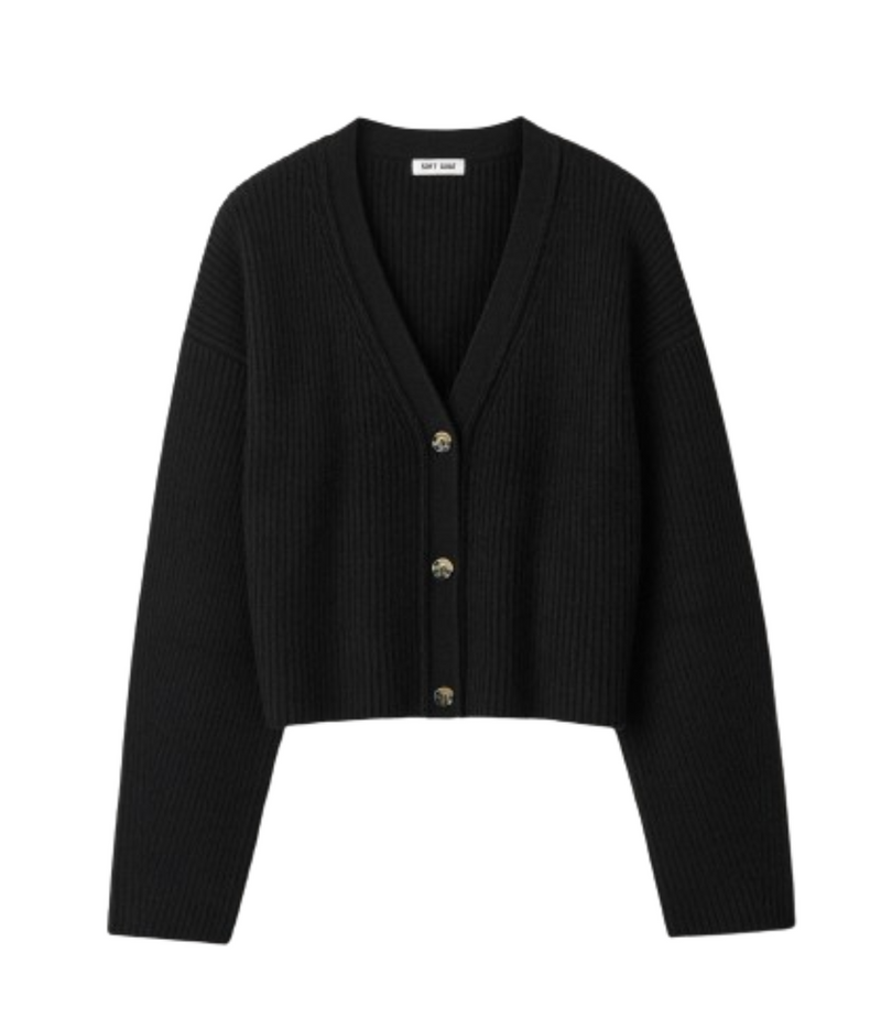 Soft Goat Ribbed Cardigan in Black – Flat Lay