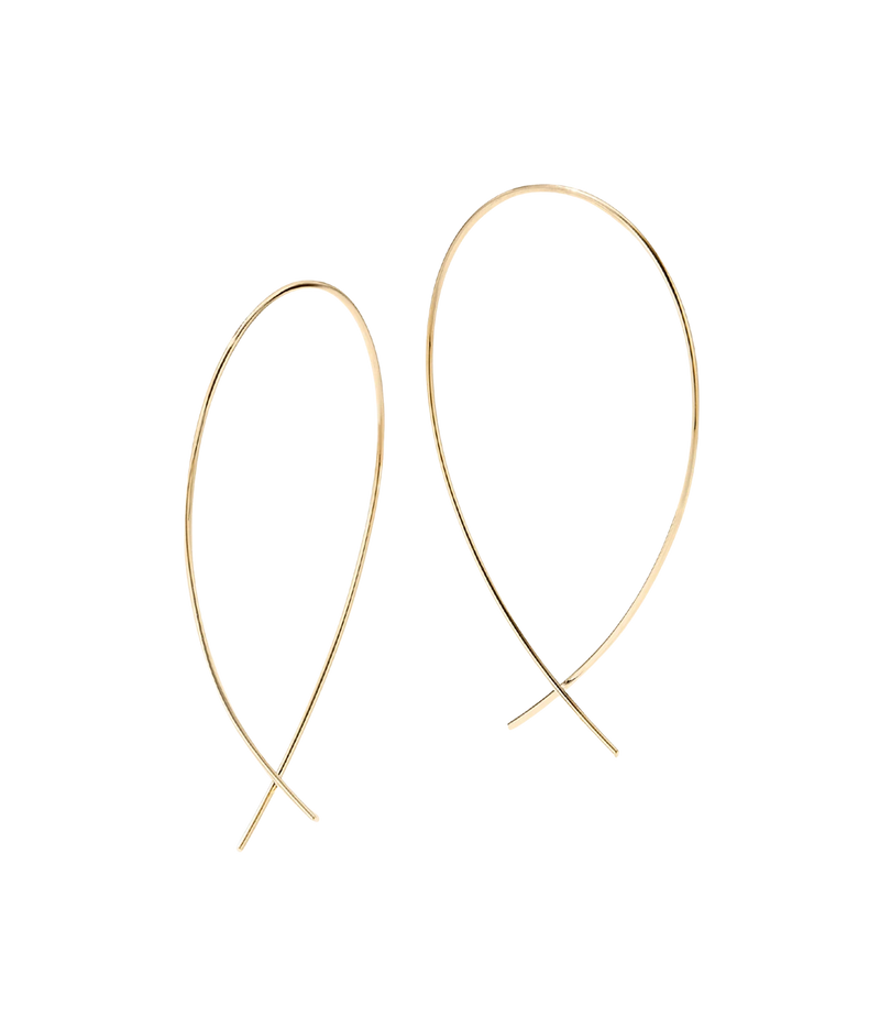 LANA Small Upside Down Hoops in Yellow Gold shown as a pair at a slight angle, with slim open wire hoops sweeping up into a teardrop shape and crossing at the tips