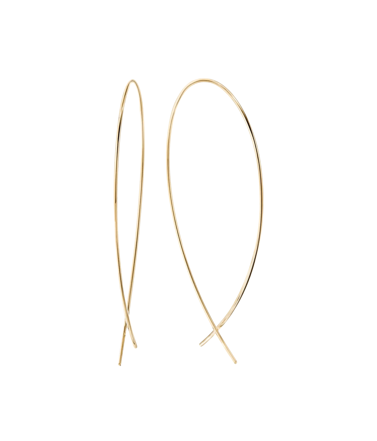 LANA Small Upside Down Hoops in Yellow Gold shown as a pair from the front, with fine wire hoops forming a long teardrop shape that crosses over at the base
