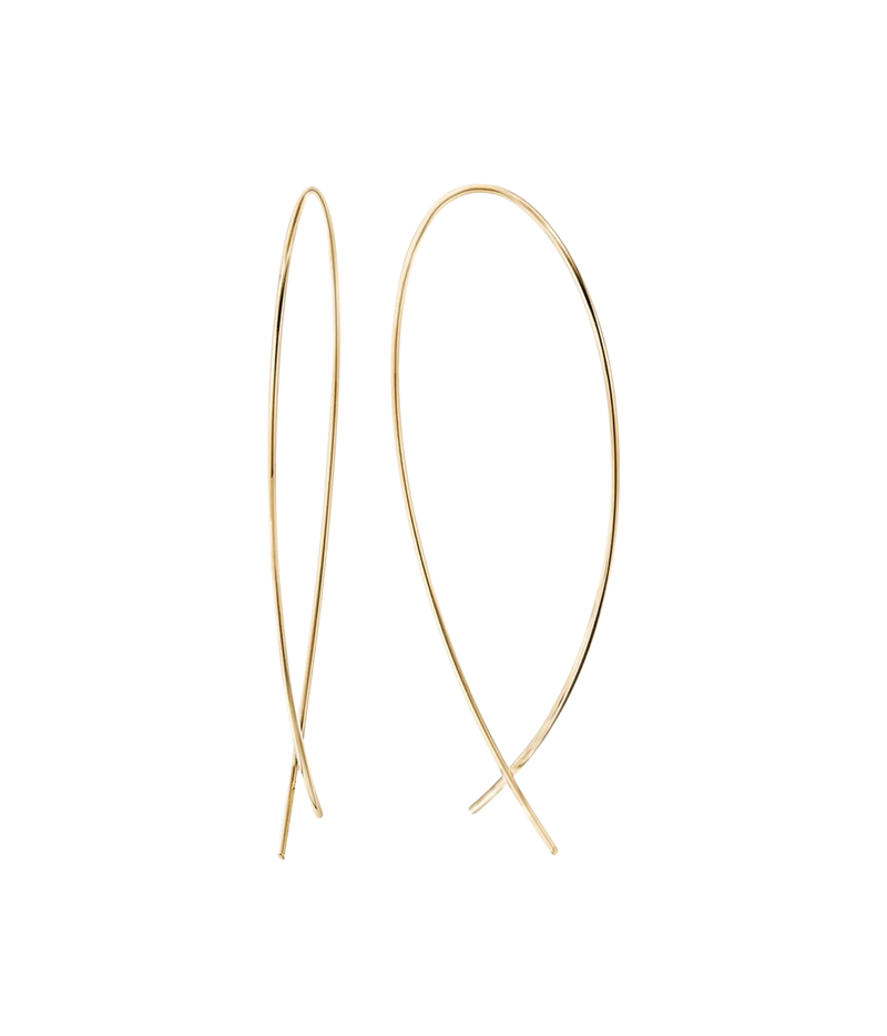 LANA Small Upside Down Hoops in Yellow Gold shown as a pair from the front, with fine wire hoops forming a long teardrop shape that crosses over at the base