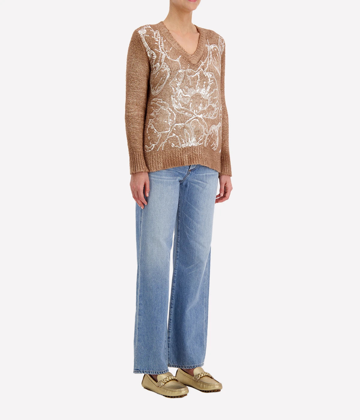 V Neck Brushed Sequin Pullover in Sughero
