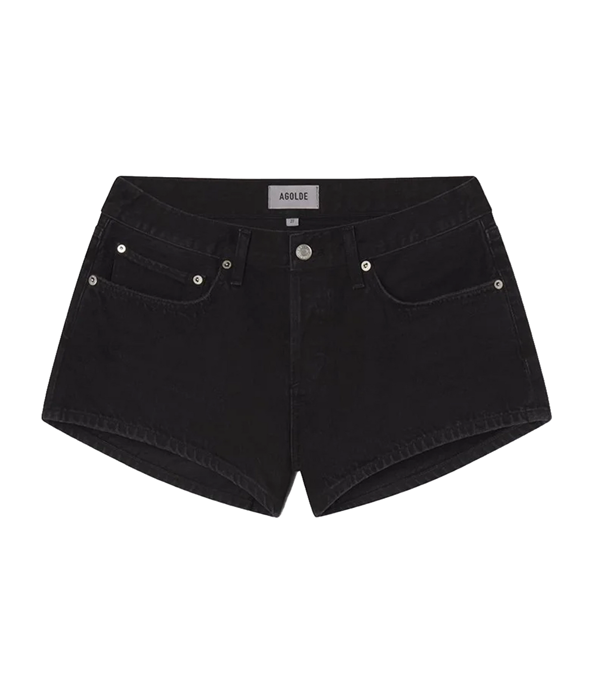 Agolde Low Rise Parker Short in Phase laid flat, showing the low-rise waist, five-pocket design, button fly and short length
