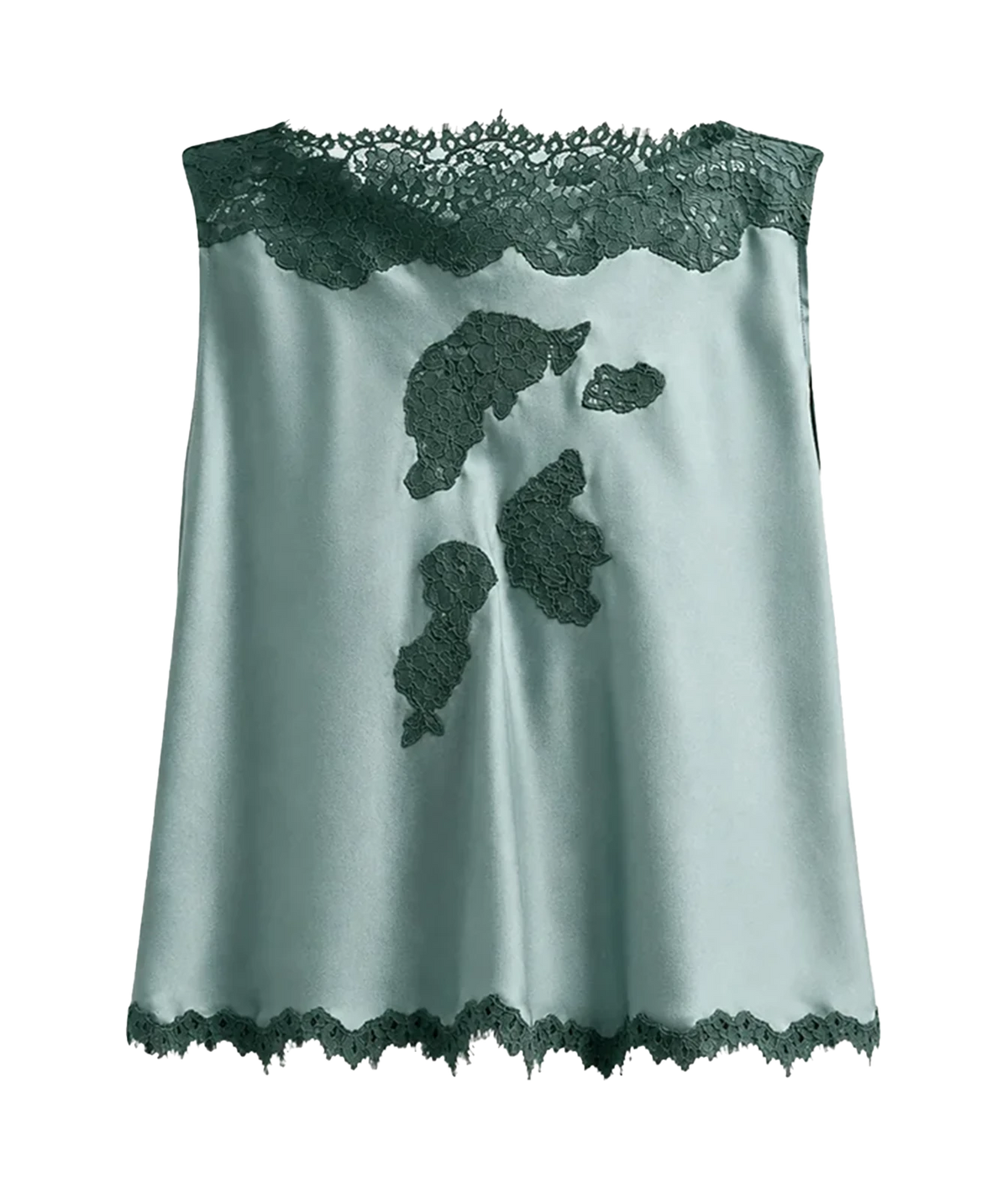 A sage green satin slip dress with dark green lace trim at the neckline, hem, and center front, featuring three lace applique motifs.
