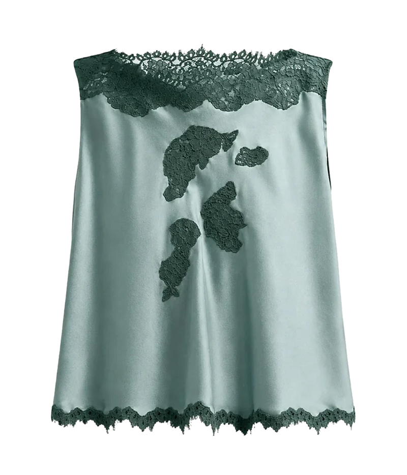 A dulac green silk top with dark green lace trim at the neckline, hem, and center front, featuring three lace applique motifs.