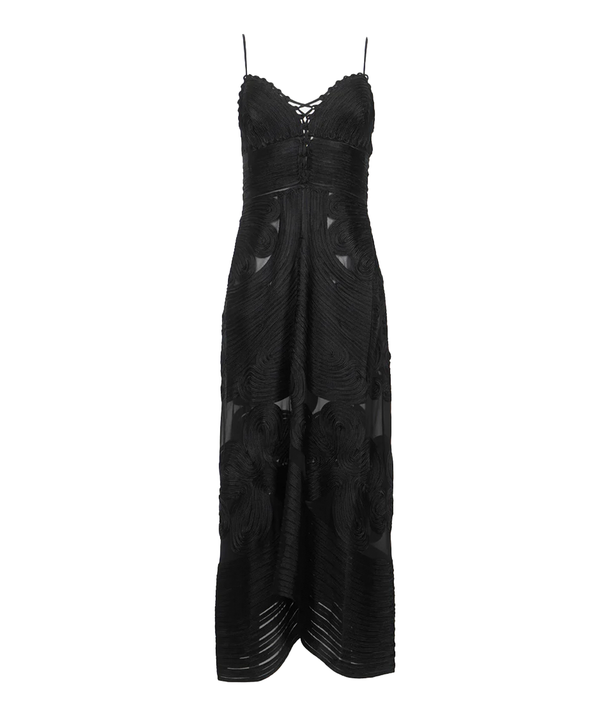 ALT text: Ulla Johnson Vesna Dress in Noir with ribbon embroidery, lace-up front, and maxi-length silhouette.