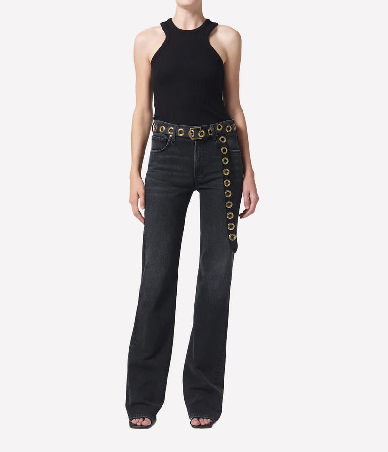 ALT Text: Vidia Mid Rise Boot in authentic wash, featuring a flattering boot cut and high hip rise with a slim, elongating silhouette.