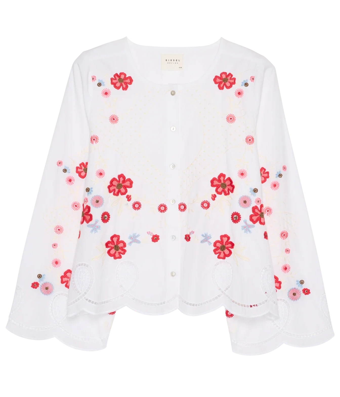 A white long-sleeve button-up blouse with red and pink floral embroidery and delicate gold geometric embroidery, displayed flat against a white background.