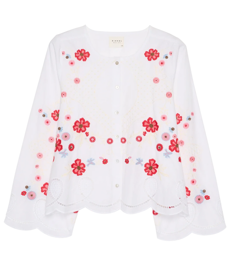 A white long-sleeve button-up blouse with red and pink floral embroidery and delicate gold geometric embroidery, displayed flat against a white background.
