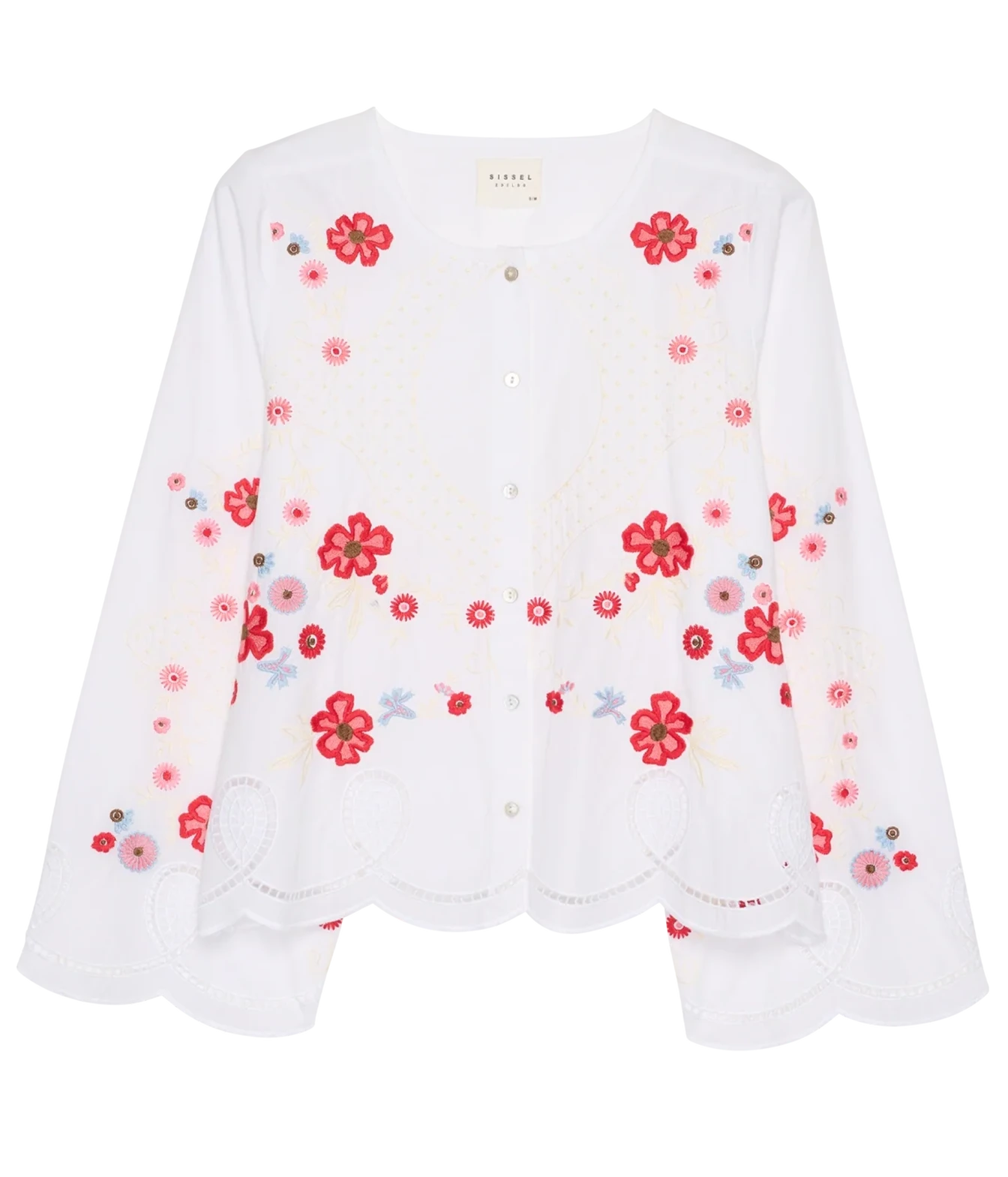 A white long-sleeve button-front blouse with red and pink floral embroidery and eyelet lace trim, shown flat against a white background.