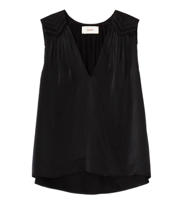 An elevated tank top in a black colourway, sleeveless, shoulder pad geometric shape detailing, v neckline, bra friendly, summer staple, summer tank, casual, throw on and go, made in usa.