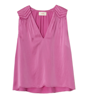 An elevated tank top in a hot pink colourway, sleeveless, shoulder pad geometric shape detailing, v neckline, bra friendly, summer staple, summer tank, casual, throw on and go, made in usa.