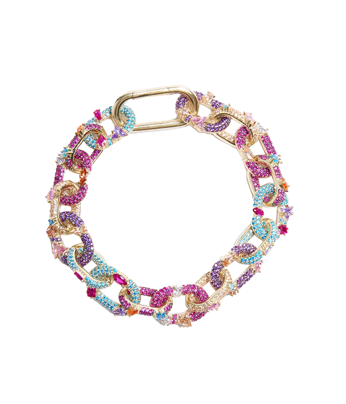 A statement link inspired chunky bracelet, made from encrusted stones in pink, blue & purple all in yellow gold. Night out, date night, comfrotable, special occasion, made internationally, statement. 