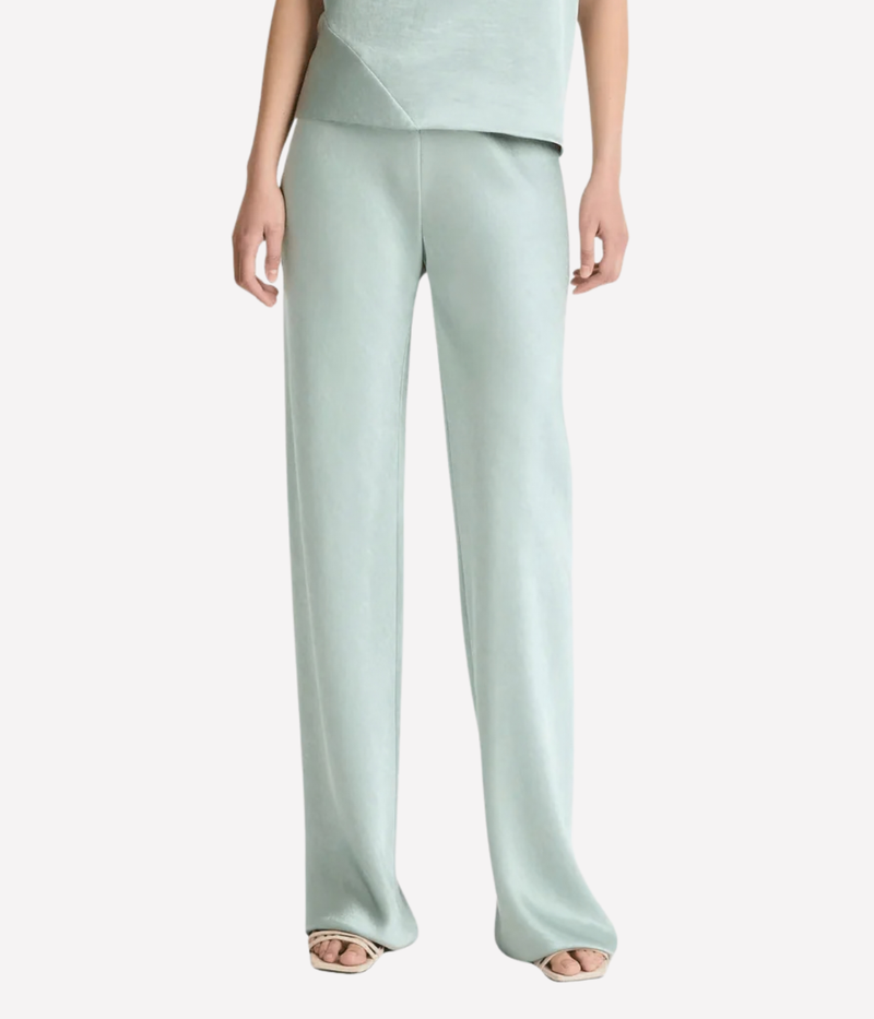 High Waist Fluid Satin Pant in Aloe Stone