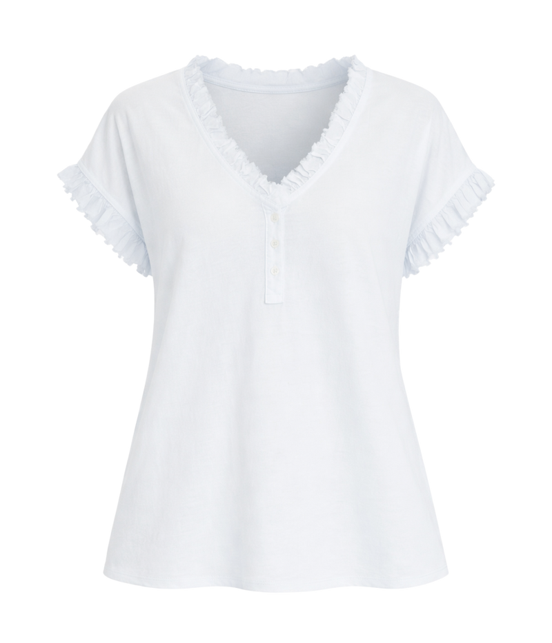 Xirena Darcy Top in Skylight laid flat, showing the V-neckline with ruffle trim, partial button front and flutter sleeves