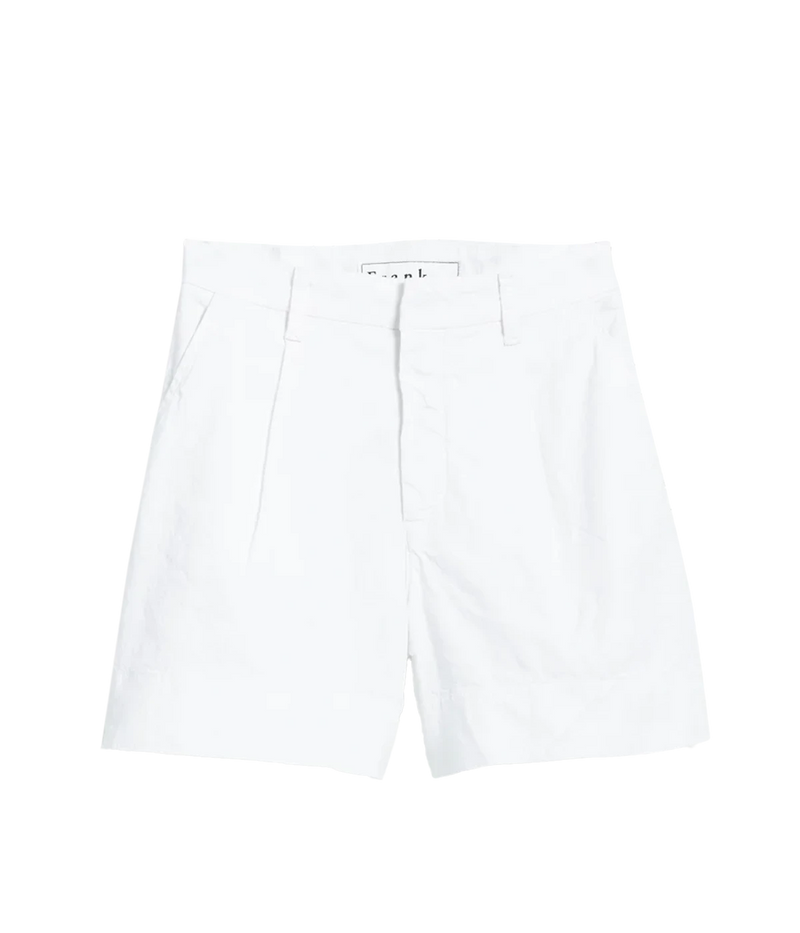 ALT Text: Wide-leg tailored shorts with a trouser waistband, front and back pockets, and a flattering mid-length design in a cotton-linen blend.