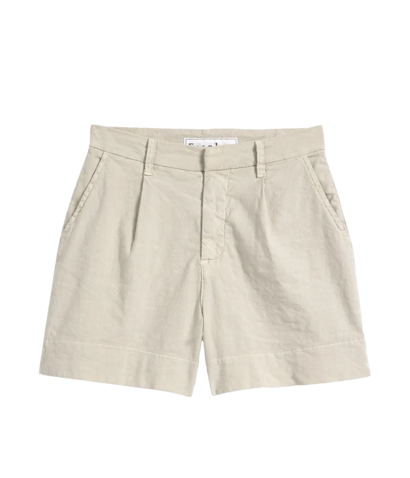 Lightweight tailored shorts in cement grey, featuring a mid-rise fit, sleek silhouette, clean waistband, and side pockets.