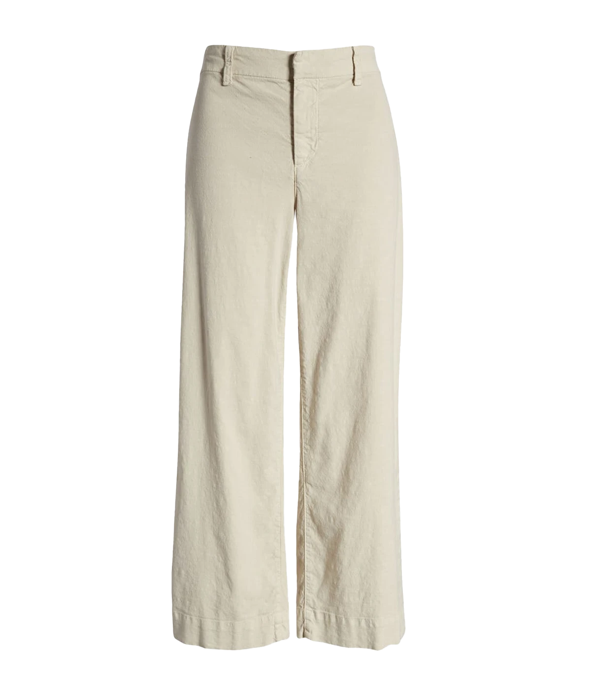 High-rise, wide-leg linen pants with a cropped hem and clean design, styled with a silk blouse and heels for a polished look.