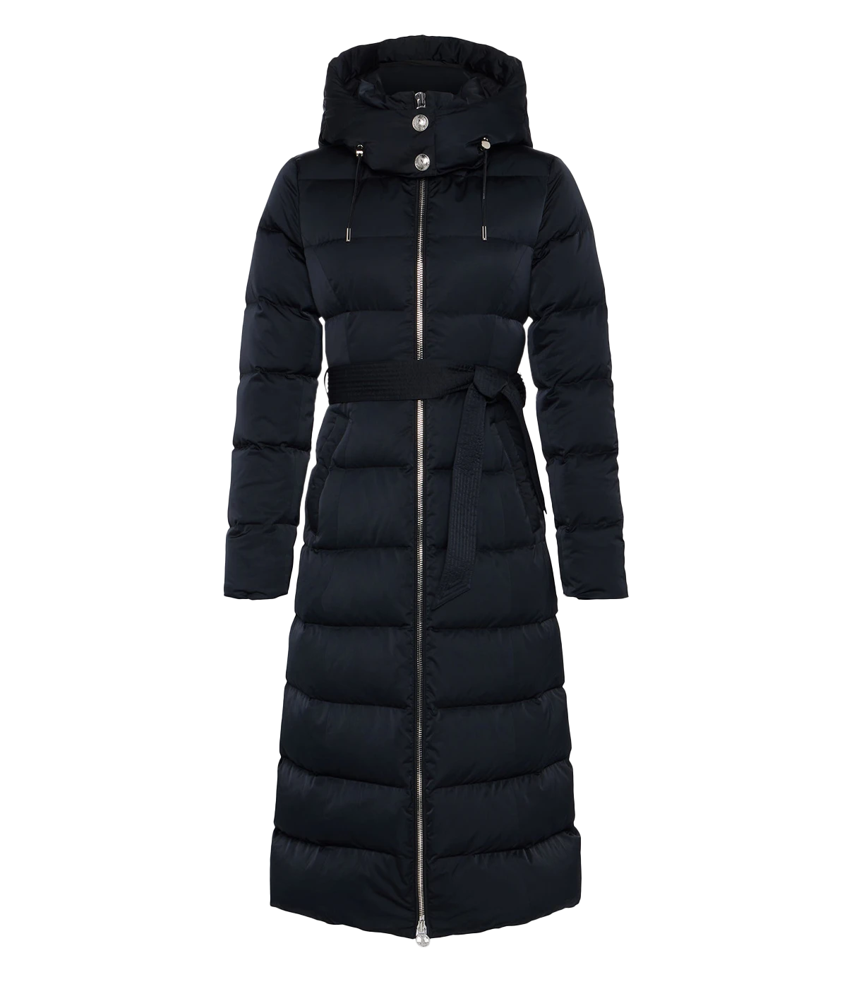 Introducing the Whistler Maxi Puffer Coat in Black, a perfect blend of style and functionality designed for the fashion-forward individual. This figure-flattering puffer coat features a stitched tie belt that cinches at the waist, creating a streamlined silhouette that enhances your shape while providing ultimate warmth. Its cozy design includes a drawstring hood, an embossed dome snap closure collar, slant pockets for added convenience, and a double-zip front closure, making it an essential outerwear piece