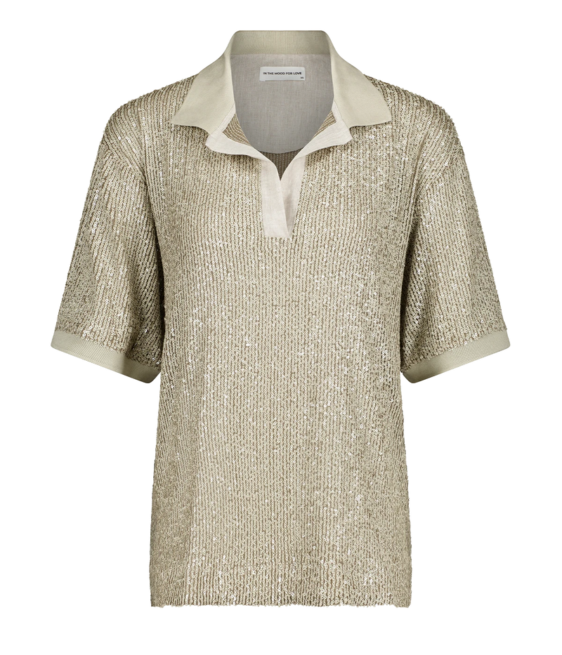 In the Mood for Love Pietra beige-gold polo shirt with shimmering sequin embellishments, offering a relaxed fit and elevated design for a bold, sophisticated look.