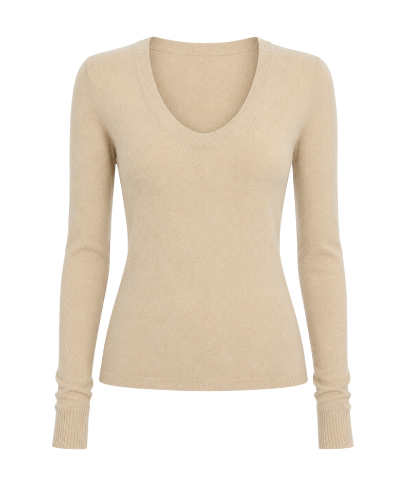 Cashmere Easy Cuffed U Neck Top in Khaki