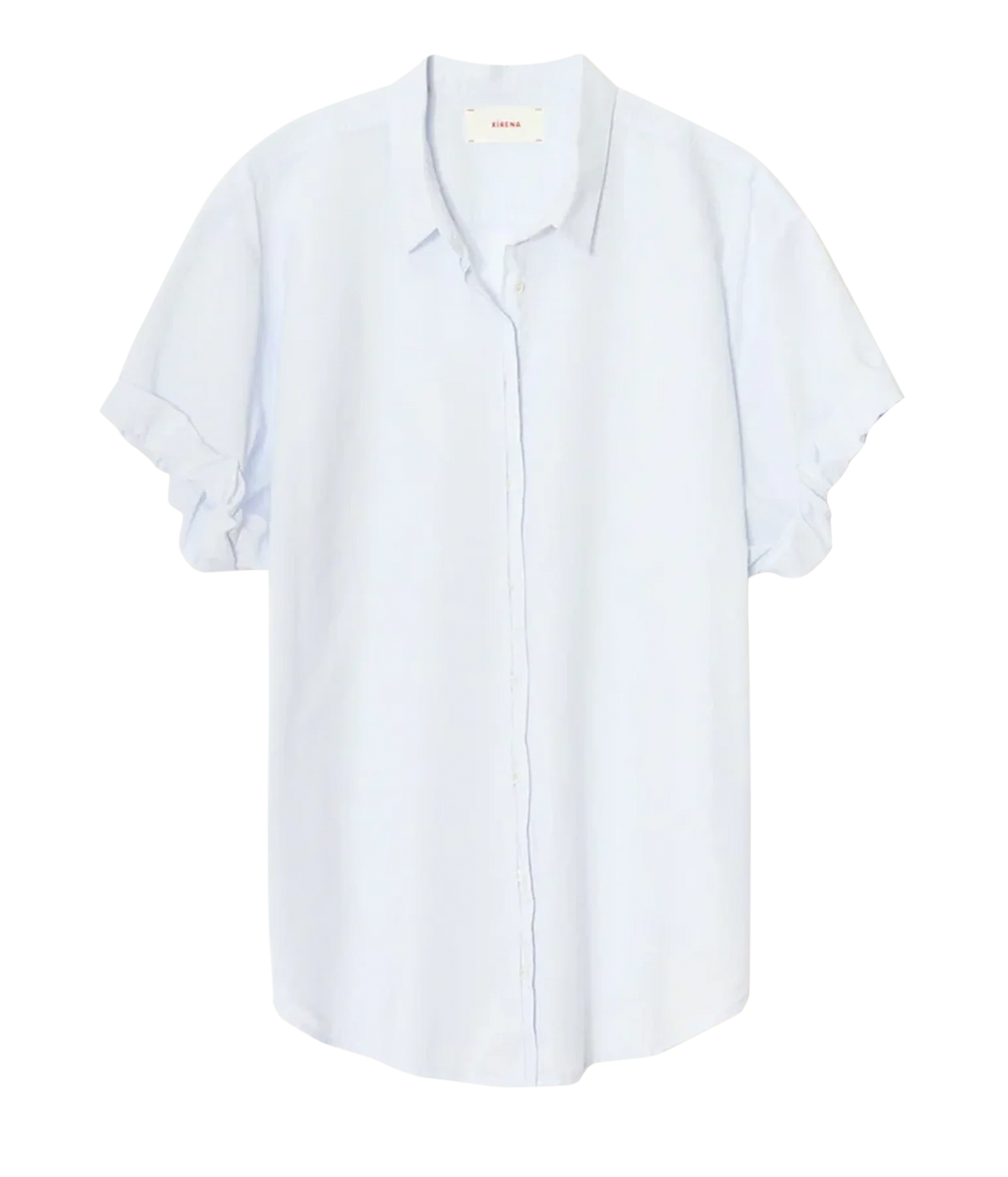 Xirena Channing Shirt in Skylight laid flat, showing the petite collar, button front, rolled short sleeves and curved hem