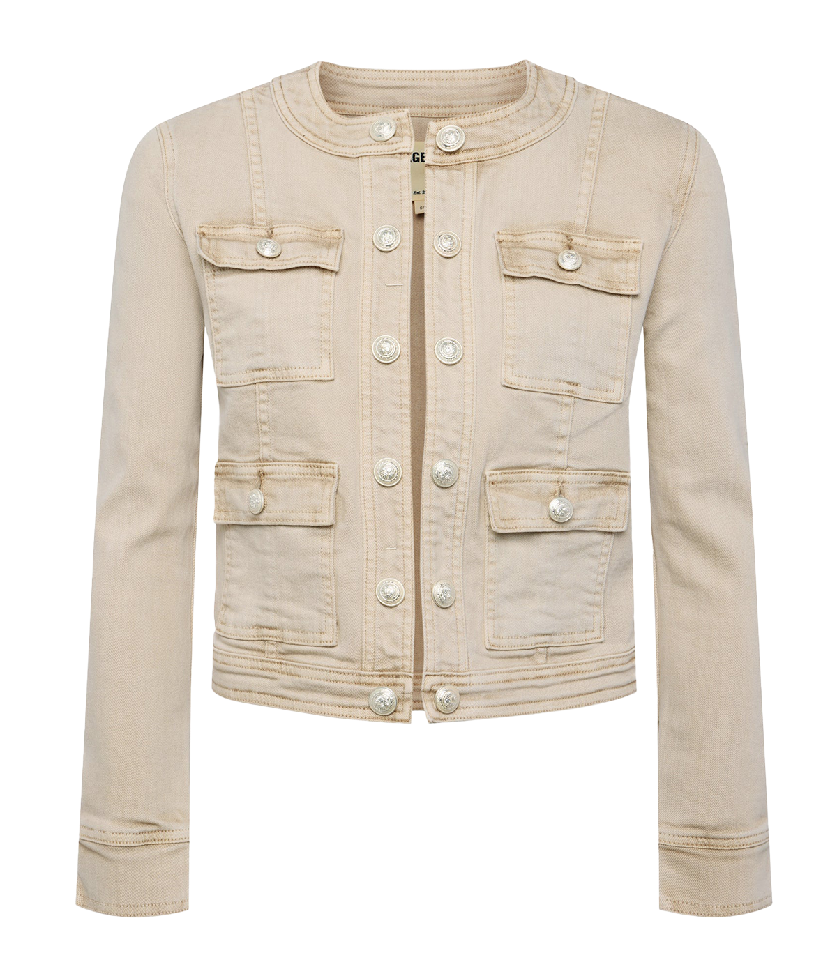 ALT text: Yari Collarless Jacket in biscuit stretch cotton with contrast-stitched edges, flap-patch pockets, and silver embossed-dome buttons.