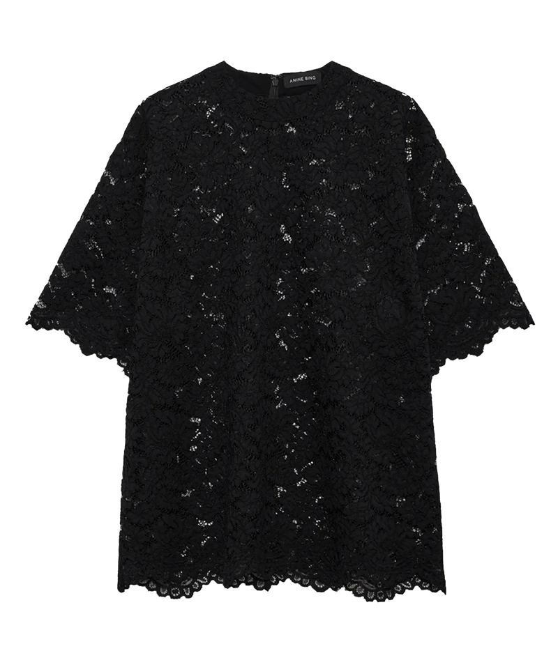 Anine Bing Zeina Top in Black Lace, shown front-on with a relaxed silhouette, round neckline and elbow-length sleeves.