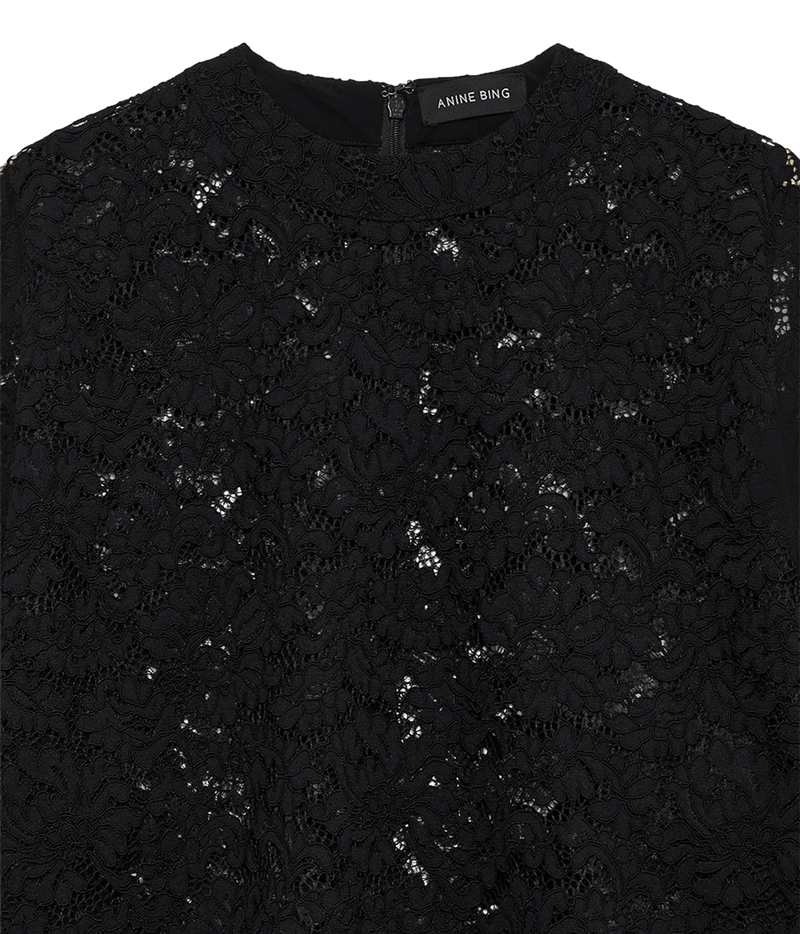 Close-up of the Anine Bing Zeina Top in Black Lace, highlighting the intricate floral lace texture, round neckline and sheer finish.