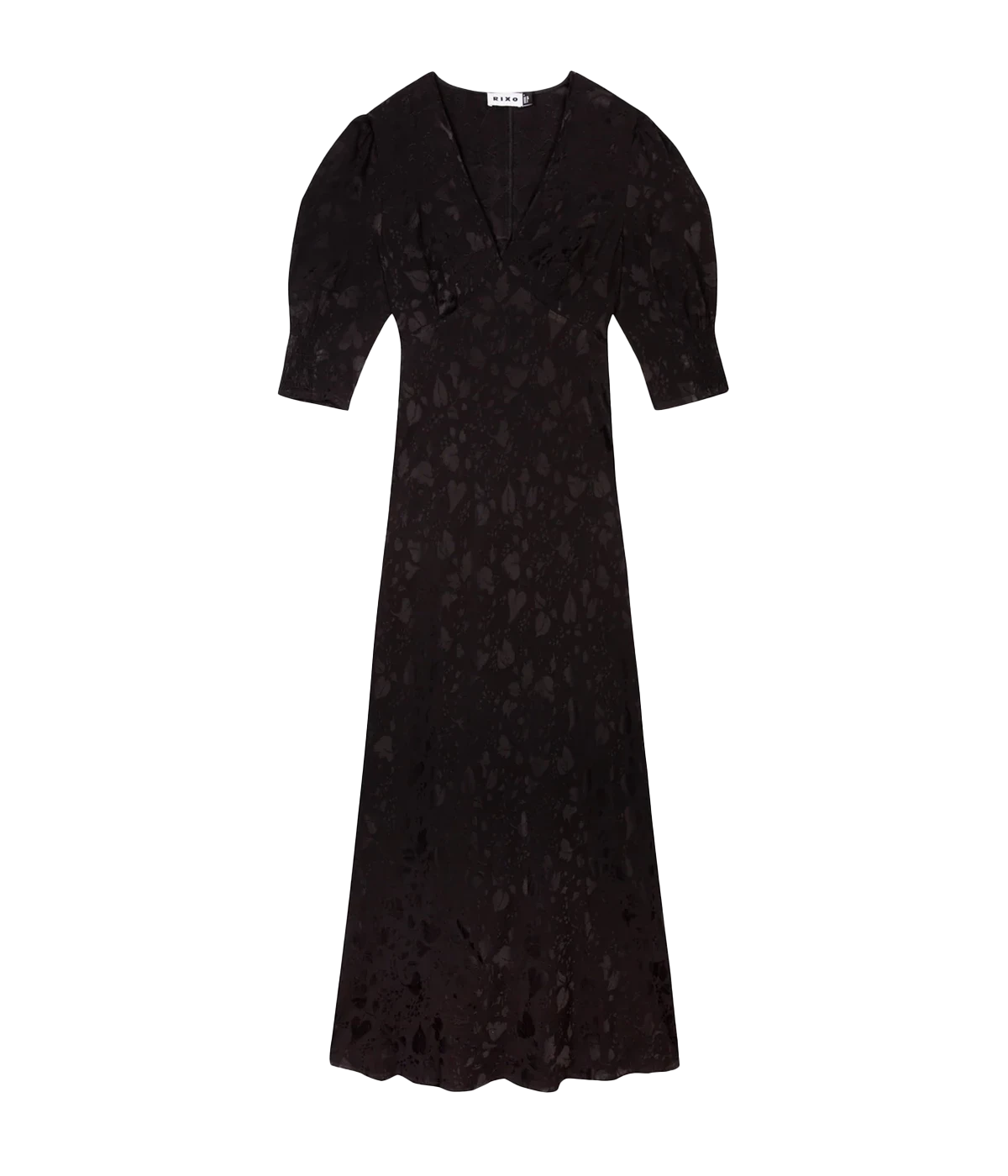 A casual long lunch dress in black and floral texture, featuring a v neckline, cut on bias, puff sleeves, zip closure, vintage inspired. Bra Friendly, comfortable, throw on and go, little black dress, made in UK. 