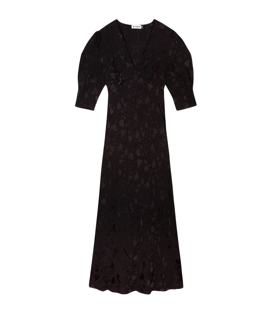 A casual long lunch dress in black and floral texture, featuring a v neckline, cut on bias, puff sleeves, zip closure, vintage inspired. Bra Friendly, comfortable, throw on and go, little black dress, made in UK. 
