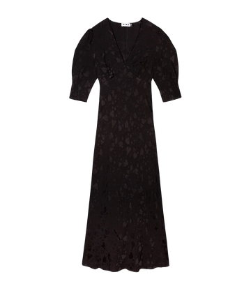 A casual long lunch dress in black and floral texture, featuring a v neckline, cut on bias, puff sleeves, zip closure, vintage inspired. Bra Friendly, comfortable, throw on and go, little black dress, made in UK. 
