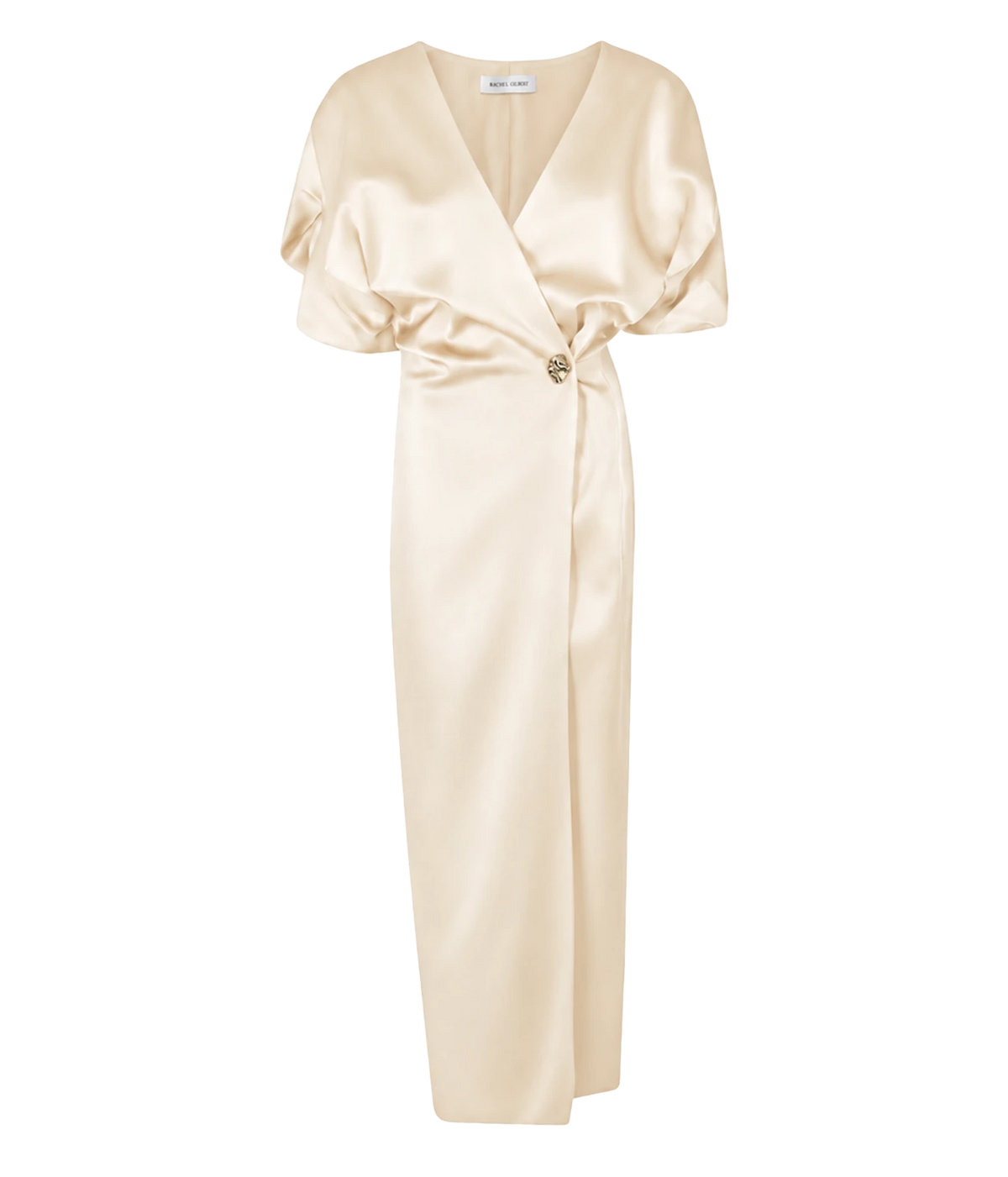 Raquel Diniz Anastasia Midi Dress in Vanilla laid flat, showing the cream satin wrap V-neckline, draped short puff sleeves, jewelled side button and slim column midi skirt