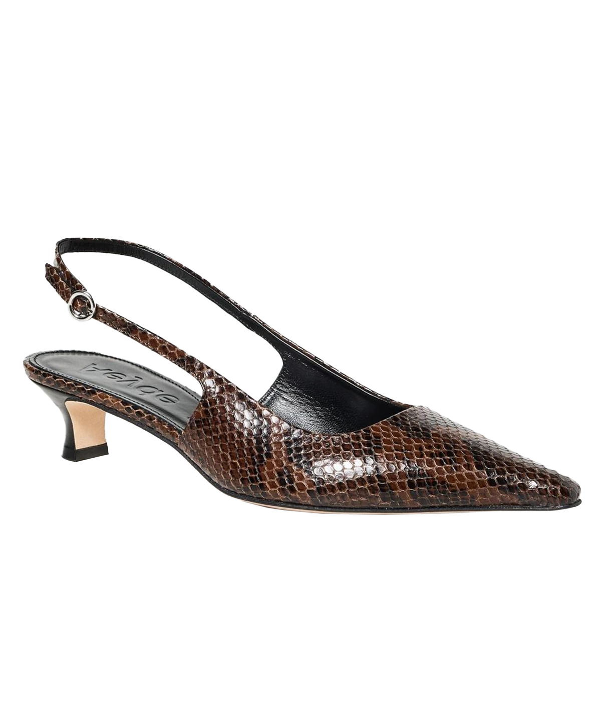 ALT text: Aeyde Catrina slingback pumps in moka snake-effect leather with chisel toe and kitten heel