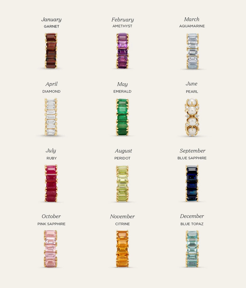 Colour chart showing the Adina Reyter Amethyst Baguette Big Bead in 14K Yellow Gold alongside the full range of gemstone baguette big beads