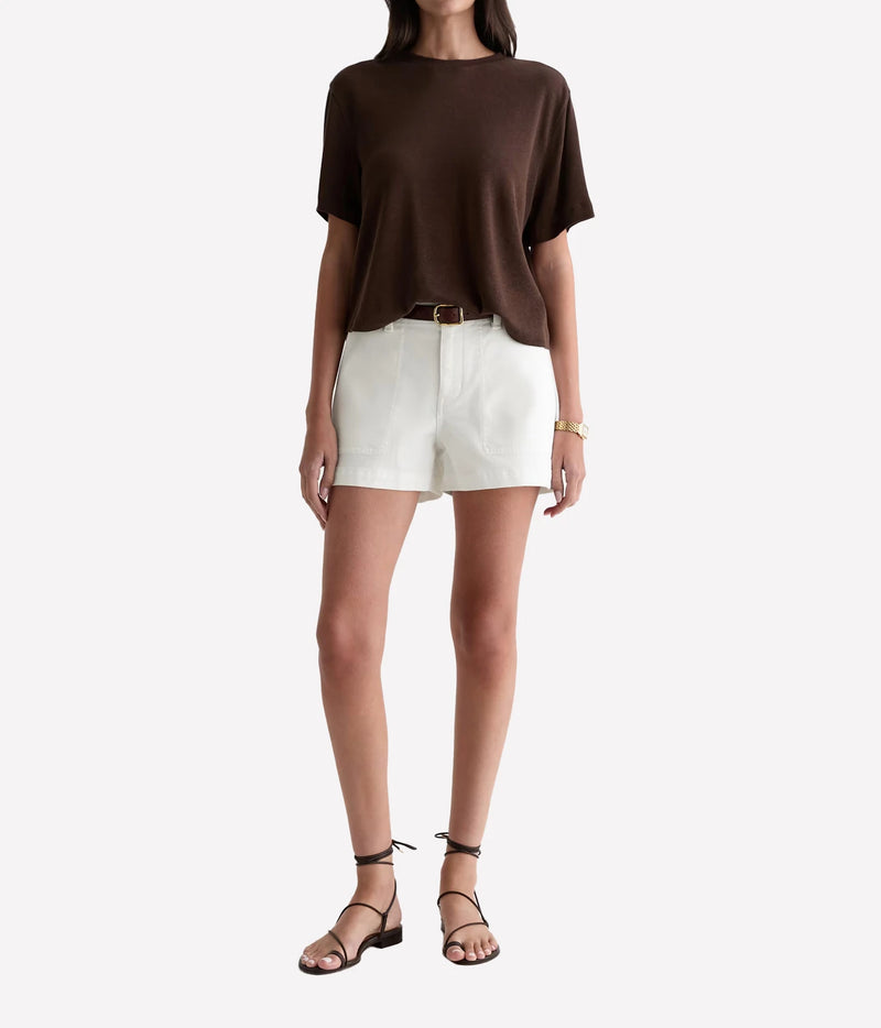 AG Jeans Analeigh Short in Powder, on model, full-length styled look