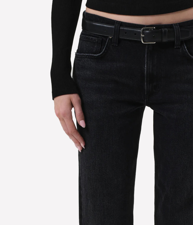 Citizens of Humanity Anissa Low Rise Straight Jean in Willow worn on model, close-up of front pocket and fly detail showing denim texture and construction