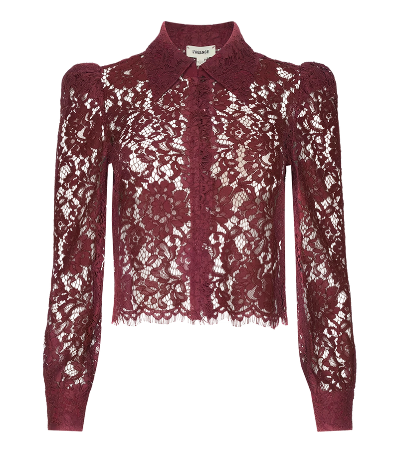 Anita Lace Blouse In Deep Sangria - L'Agence red lace blouse long sleeve