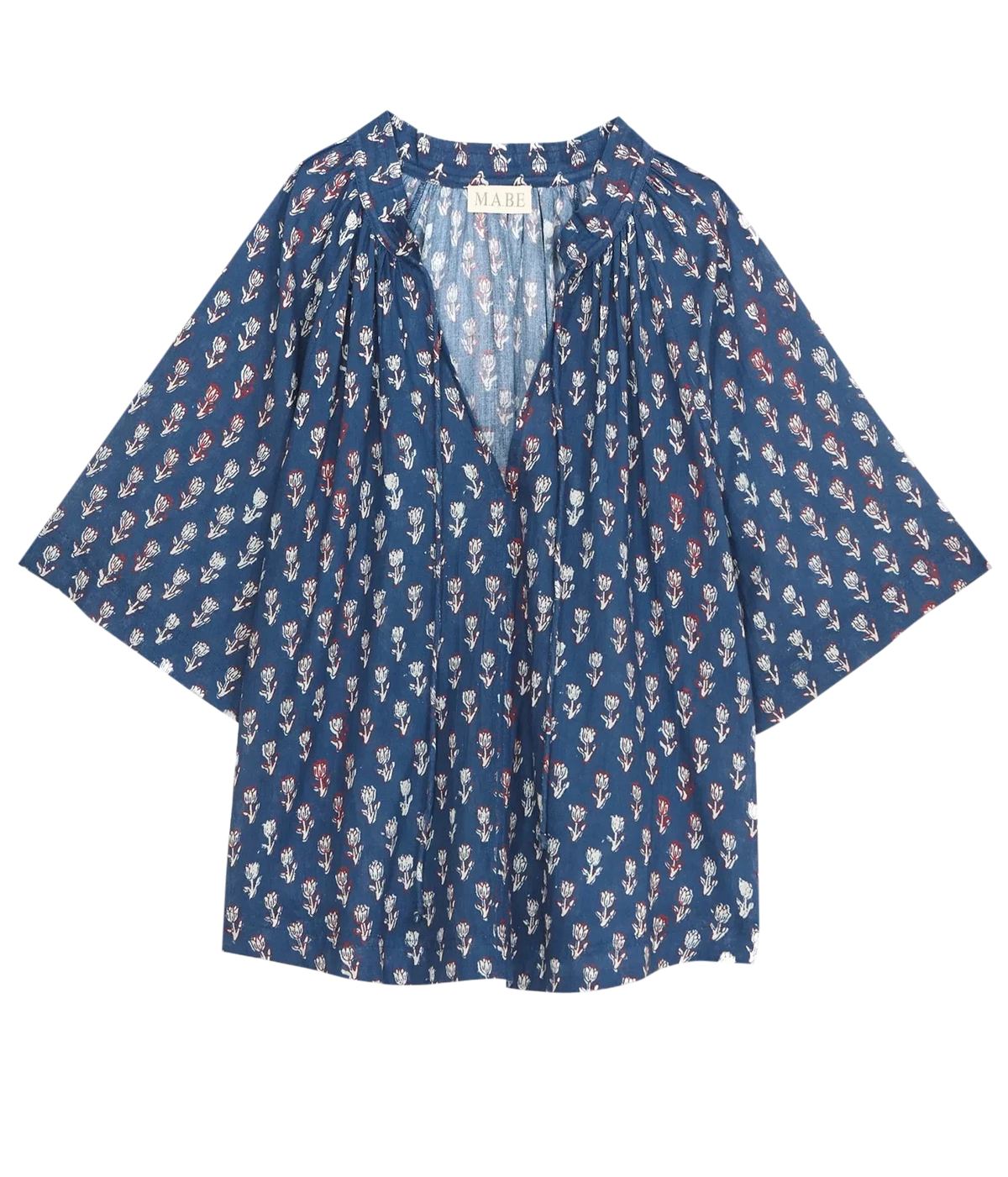 Front product view of the M.A.B.E Ari print top in Indigo, a floral blockprint cotton top with a frill collar and short sleeves.