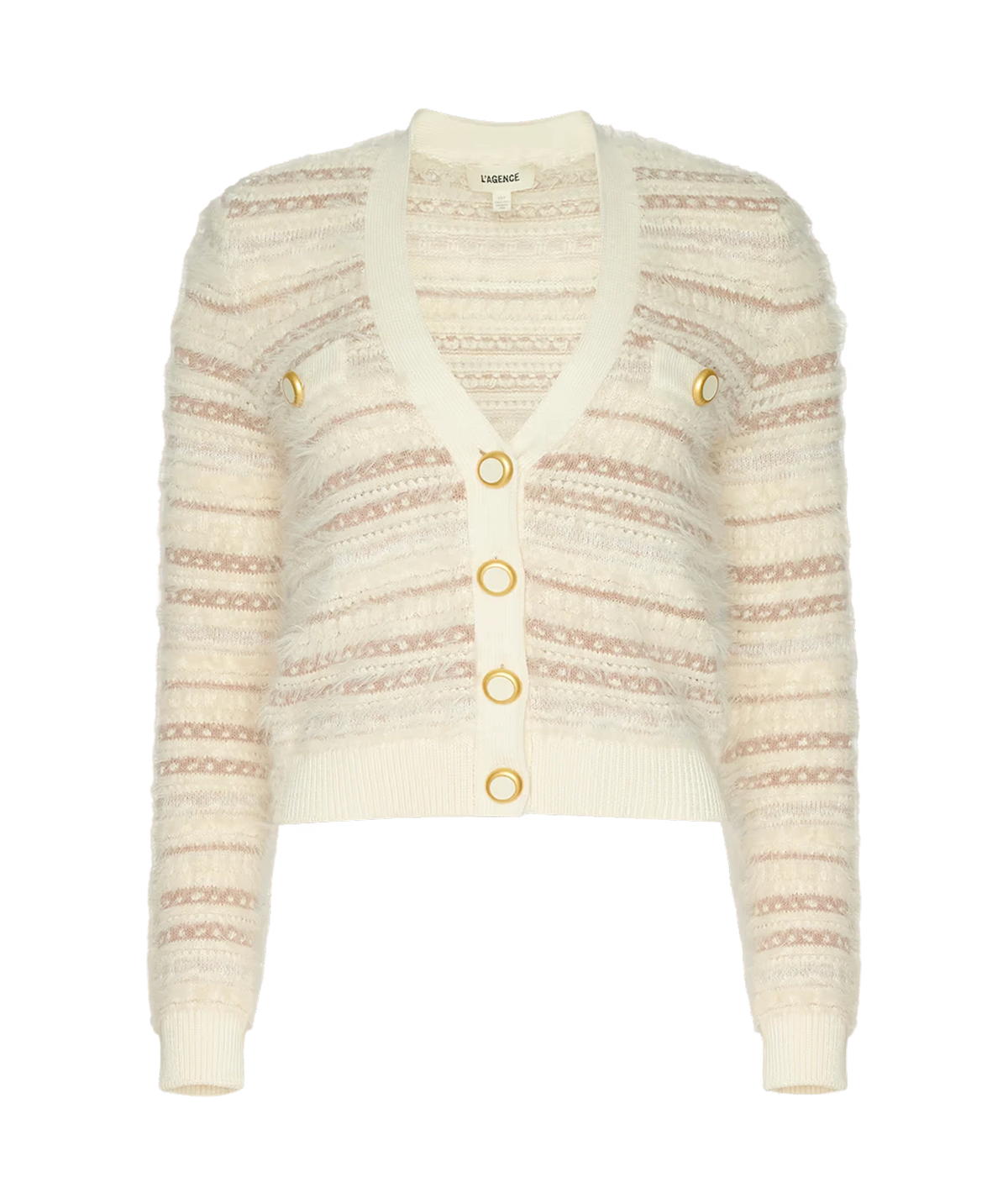 L’AGENCE Ariadne cardigan in Ecru & Natural Multi with textured stripes and gold-tone buttons