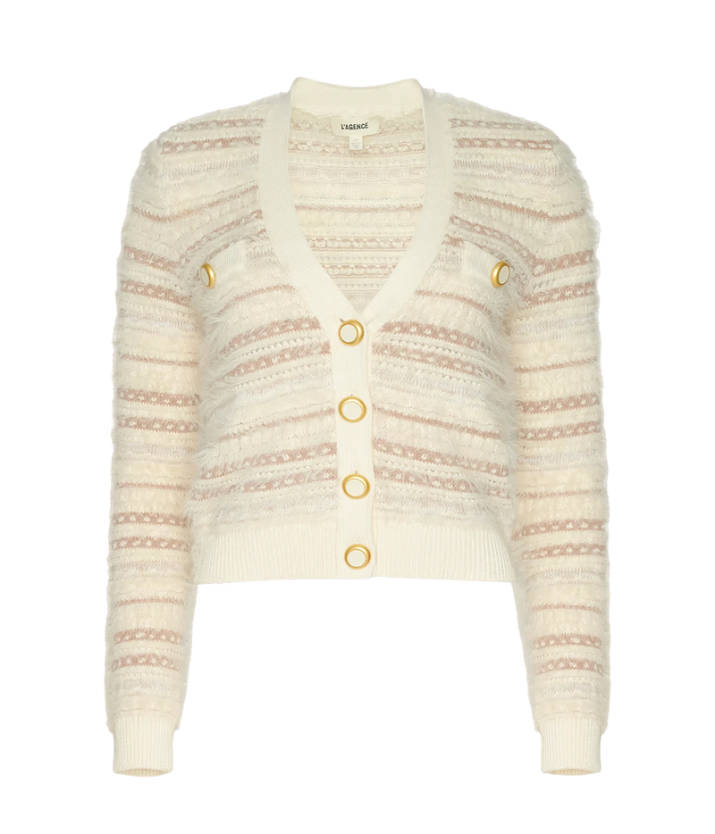 L’AGENCE Ariadne cardigan in Ecru & Natural Multi with textured stripes and gold-tone buttons